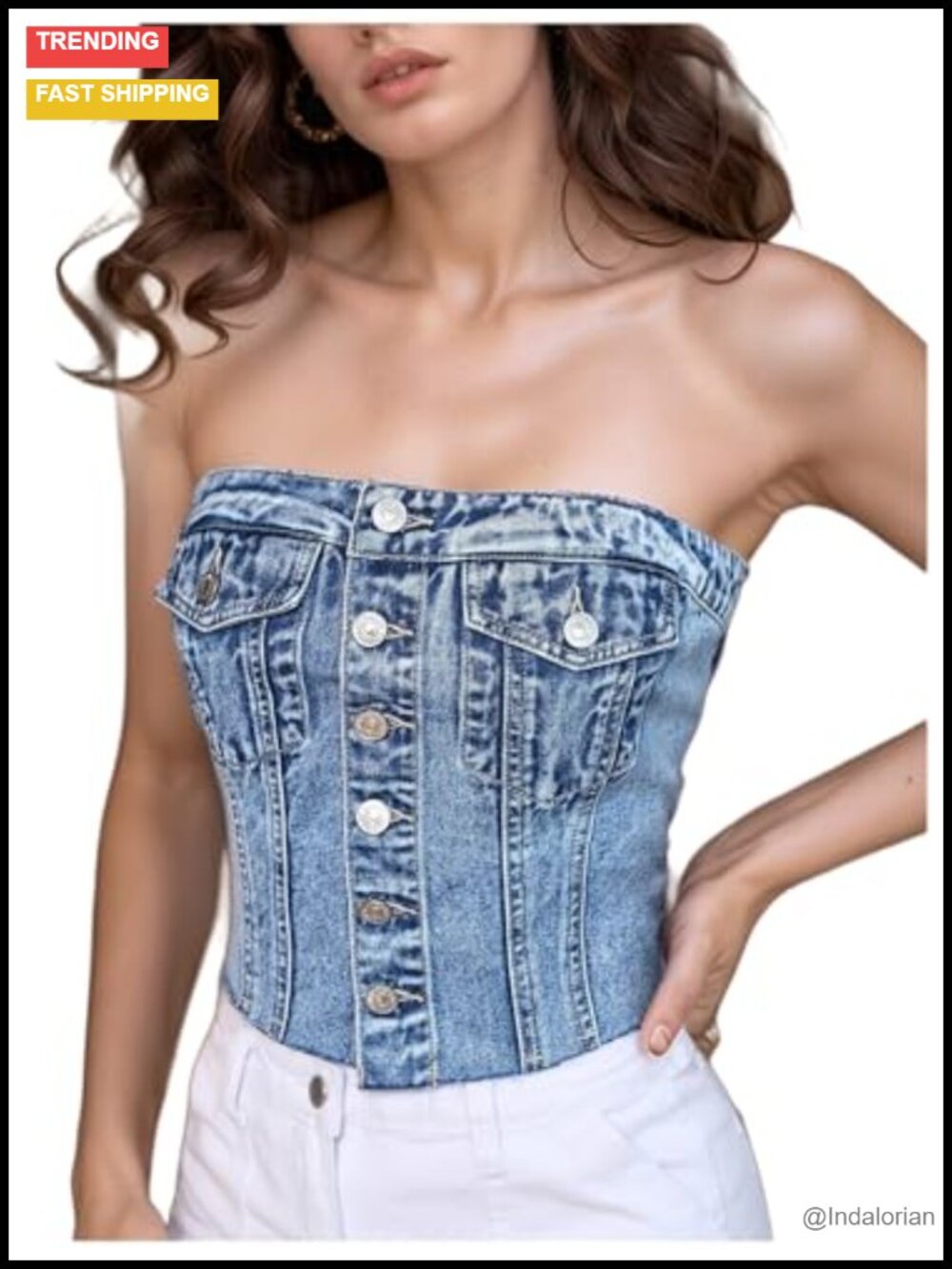 Button Up Strapless Denim Crop Top Y2K Jean Tube Top
